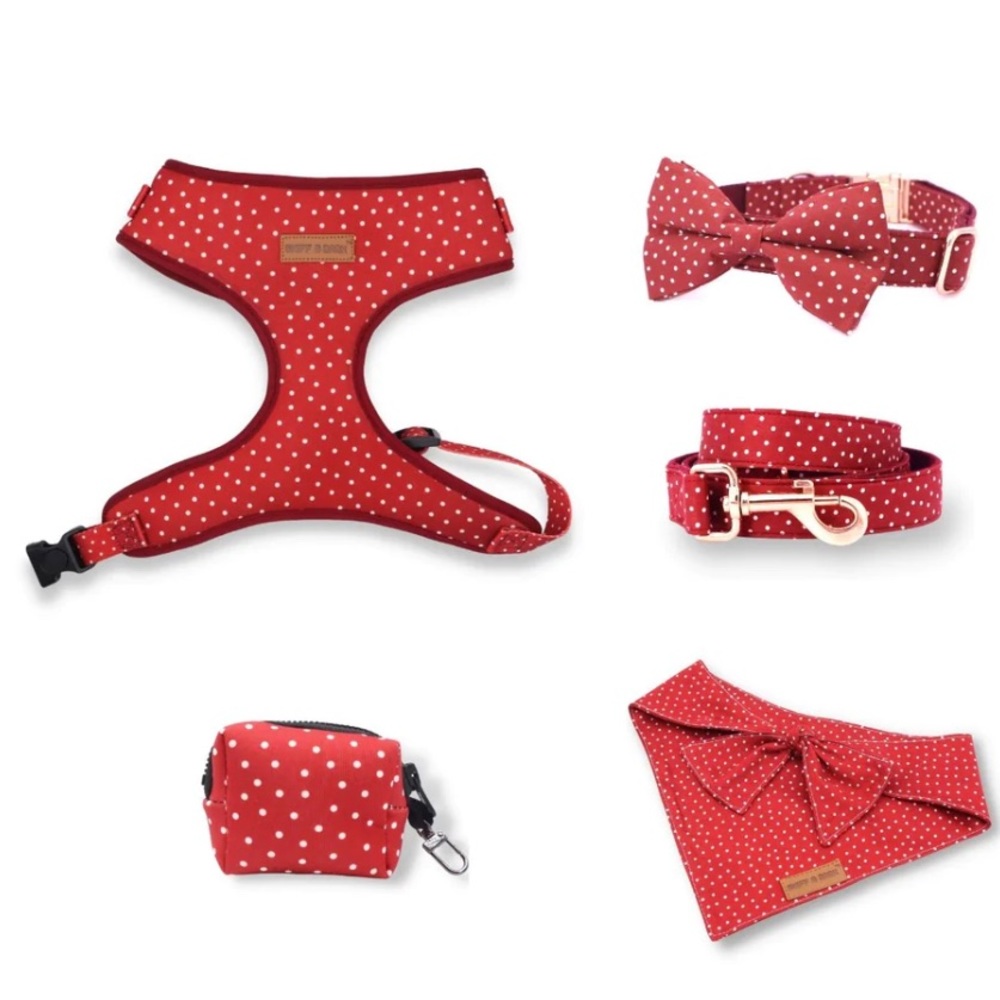 Sniff and bark collar leash poopbag holder bowtie harness Red w/ polkadots small